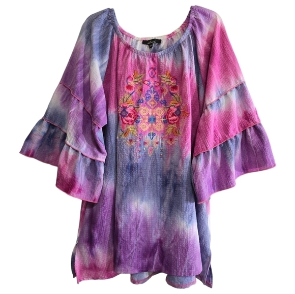 Calessa Tie Dye Floral Embroidered Round Neck Tunic Top 2X Wide Bell Sleeves - Picture 2 of 7
